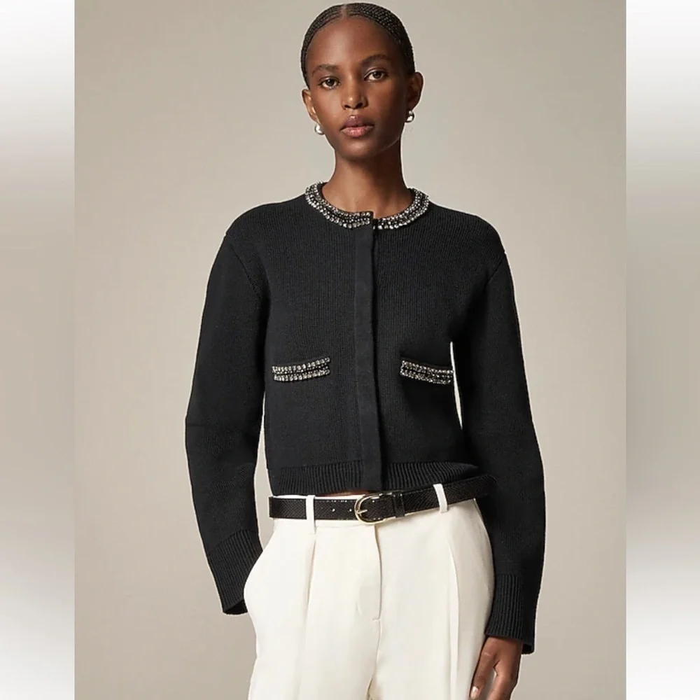 NEW J.Crew New relaxed Emilie sweater lady jacket with jewel trim Size XS Black